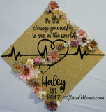 Be the Change Graduation Cap Decoration with glitter and flowers